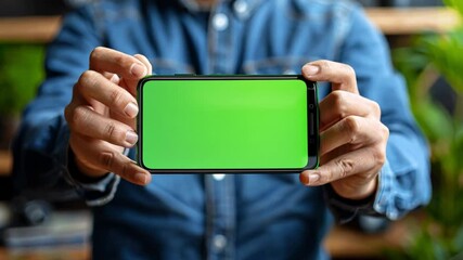 Poster - A person holds a smartphone featuring a vibrant green screen in a modern workspace filled with plants and monochrome decor, indicating a focus on video content creation and design.