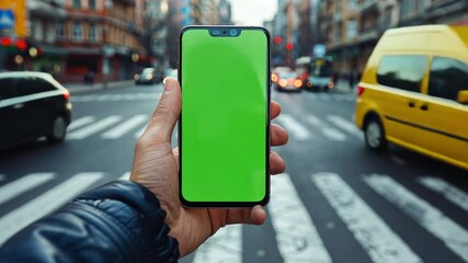 Leinwandbilder - A person stands on a zebra crossing in a busy city, holding a smartphone with a bright green screen. Surrounding traffic moves past, creating a dynamic urban atmosphere.