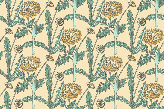 Botanical abstract seamless pattern with chrysanthemum vector illustration. Repeating line art floral print in vintage pastel colors. Graphic design for Wallpaper Wedding Cover Wrapping pack Textile