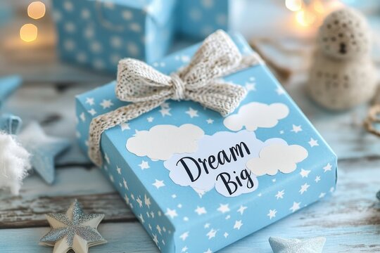 A whimsical sky blue gift label with clouds and a 