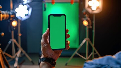 Poster - A person holds a smartphone with a vibrant green screen, surrounded by studio lights and a chromakey backdrop. This setup is ideal for video editing and special effects work.