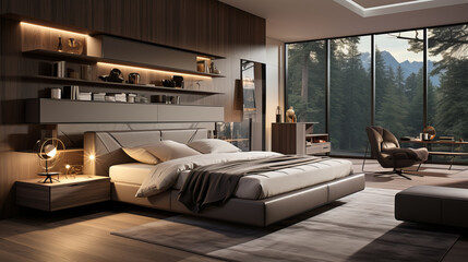 Modern bedroom with gold accents, sleek furniture, illuminated shelves, and large windows offering a panoramic view of lush green forest and mountains.