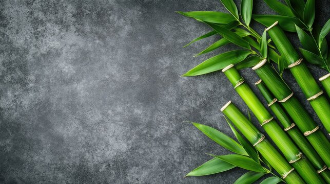 A close-up of lush green bamboo sticks with fresh leaves on a smooth gray background, perfect for a serene and natural aesthetic.