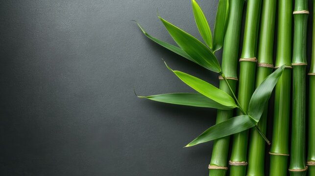 A close-up of lush green bamboo sticks with fresh leaves on a smooth gray background, perfect for a serene and natural aesthetic.