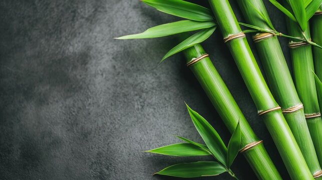 A close-up of lush green bamboo sticks with fresh leaves on a smooth gray background, perfect for a serene and natural aesthetic.