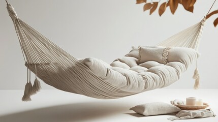 Wall Mural - A cozy, cushioned hammock in soft textures, styled for ultimate relaxation, set on a crisp white background.