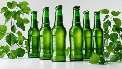 A cold, wet, green glass beer bottle, isolated and empty, shows a light drop of liquid