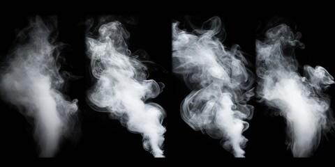Poster - Set of Isolated White Steam on Black Background with Various Shapes and Flow Designs for Creative and Artistic Projects