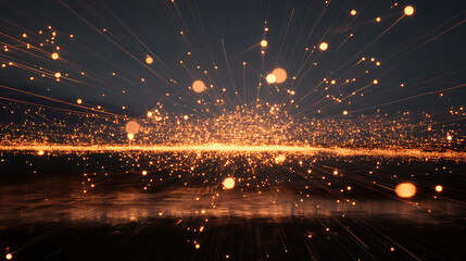 Fototapete - A dynamic, long, exposure shot taken with a wide, angle lens depicts a network of glowing, interconnected nodes suspended in mid, air