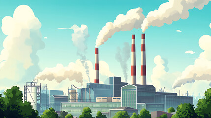 Poster - A factory with smoking chimneys, air pollution and global warming concept