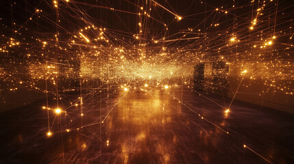 Fototapete - A dynamic, long, exposure shot taken with a wide, angle lens depicts a network of glowing, interconnected nodes suspended in mid, air