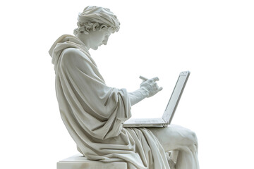 Realistic classic gypsum statue of man using a laptop for IT isolated on white background