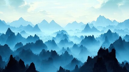 system steps methodology section.. serene blue mountain landscape with misty peaks and soft clouds.