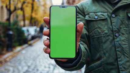 Poster - A person holds a smartphone displaying a green chromakey screen in a lively city street. The backdrop features autumn foliage, creating a vibrant and inviting atmosphere.