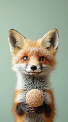 A playful fox with a charming smile clutches a small toy in its paws, showcasing its mischievous nature. The soft green backdrop enhances the fox's vibrant fur, creating an enchanting aura