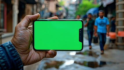Poster - A person presents a smartphone featuring a green screen in a lively urban alley. Surrounding them are people walking along a wet street, creating a vibrant city atmosphere.