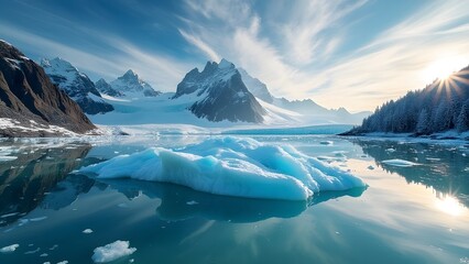 Majestic Polar Ice Sheet Reflection, Turquoise Waters, Snow-Capped Mountains, and Icy Silhouettes Under a Warm Sun