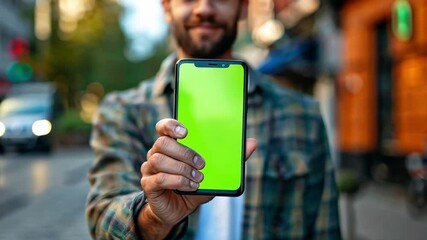 Aufkleber - A man stands on a city street, smiling and displaying a smartphone with a bright green screen. The scene suggests opportunities for video editing and promotional content creation.