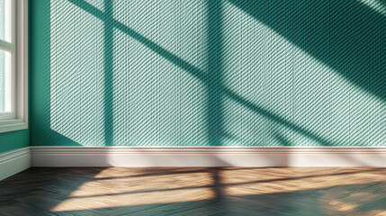 Poster - serene interior showcasing textured turquoise wall and wooden floor, with soft shadows creating tranquil atmosphere