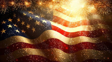 Poster - American flag waving with fireworks and sparkles, celebrating patriotism