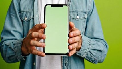 Aufkleber - Individual is showcasing a smartphone with a blank screen, positioned prominently in both hands. The vibrant green backdrop allows for easy overlay of digital elements, perfect for creative projects.