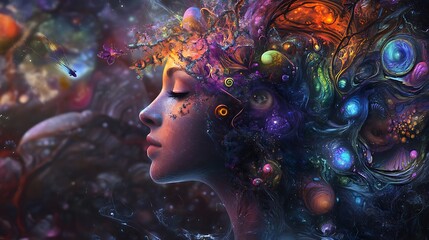 Poster - Digital painting of a woman with cosmic elements conveying serenity imagination.