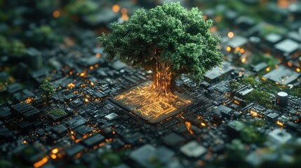 Wall Mural - Green tree growing from circuit board, technology, nature