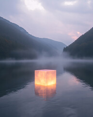 Poster - Glowing cube floating on a misty lake surrounded by serene mountains
