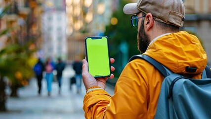 Poster - A man wearing a bright yellow jacket stands on a bustling city street, holding a smartphone with a green screen. People stroll by in the background under clear skies, showcasing urban life.