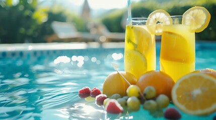 Two glasses of orange juice with fruit and a straw by a swimming pool.