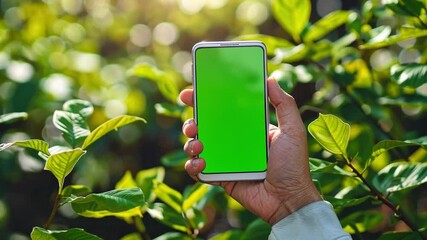 Leinwandbilder - A hand holds a smartphone featuring a bright green chromakey screen. The background is filled with lush green leaves, indicating a natural outdoor setting illuminated by soft daylight.