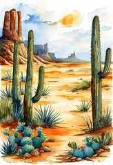 Wall Mural - Desert landscape painting, sun, cacti, mesas.