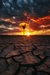 Poster - Golden sunset illuminating a single yellow flower on cracked earth
