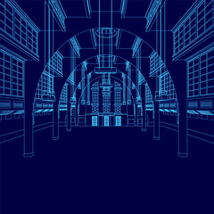 Poster - Blue drawing of a large room with a blue archway. The room is empty and the archway is the only thing visible