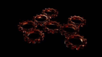 Wall Mural - rusty gears spinning on black background. looped animated background. 3d render