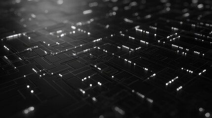 Poster - Abstract tech grid with glowing digital nodes and intersecting lines on a black background.