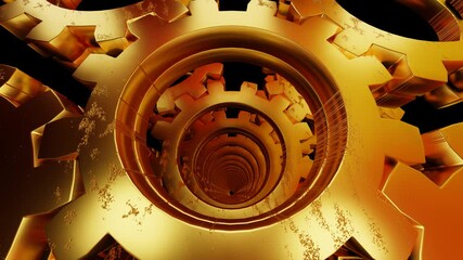 Wall Mural - endless forward motion through a tunnel of rotating golden gears on a black background. looped animated background. 3d render