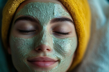 Wall Mural - Attractive young woman applying face moisturizer cream after shower, AI Generative