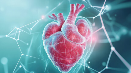 Poster - Digital heart illustration with glowing lines and connections, symbolizing health and technology. This vibrant image represents fusion of biology and innovation