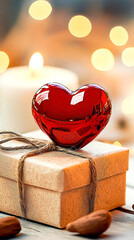 Wall Mural - festive heart-shaped ornament rests beside a beautifully wrapped gift against a backdrop of glowing 