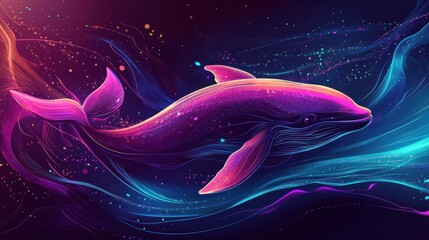 Wall Mural - Neon Whale Swims Through Cosmic Ocean Waves