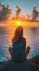 Poster - A solo traveler sits peacefully on a rock, gazing at the vibrant sunset casting hues over the ocean. With a backpack beside, they embrace the tranquility and beauty of nature