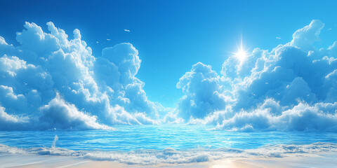 Calm ocean waves and fluffy clouds at sunrise serene beach digital art tranquil environment wide angle nature's beauty