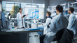 © Gorodenkoff - Group of Talented Female and Male STEM Students Having a Meeting with Their Project Leader in a Modern Laboratory. Young Female Specialist Showing a Presentation About Biochemistry on Screen