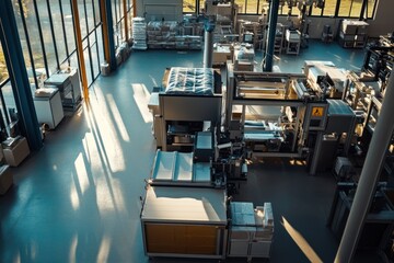 Poster - Industrial Factory Interior: Sunlight Streaming Through Windows Illuminates Modern Machinery and Clean Production Lines