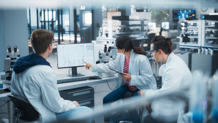 Aufkleber - Modern Medical Laboratory: Scientists Working Together on a Research Project. Two Young Men and a Female Talking About Vaccine Development Methods, Gene Editing Studies, Biotechnology Breakthroughs