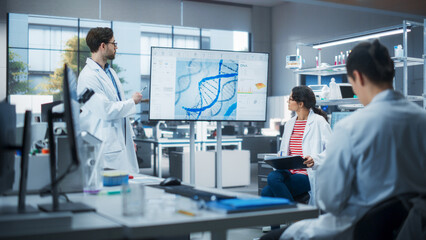 Aufkleber - Diverse Team of Scientists Discussing Ideas in a Biotech Startup Lab. Group of International Students Listening to Their Science Professor While He Shows DNA Sequencing Method on a TV Screen