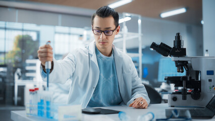 Poster - Medical Research Laboratory: Portrait of a Handsome Scientist Using Micropipette to Analyze Samples Under Microscope. Advanced Scientific Lab for Medicine, Biotechnology, Microbiology Development