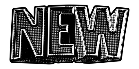 Poster - Word ‘New’ written in three-dimensional one-point perspective retro extruded block letters with grainy vintage halftone texture