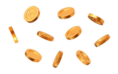 Wall Mural - 3d flying golden brazilian real coins on white isolated background. precious expensive treasure. sto